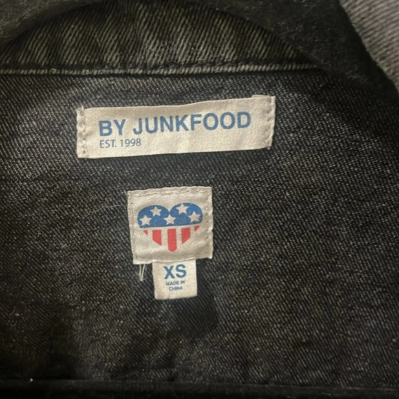 Leppard Ash Grey Black Junkfood denim Jean Patch Long Sleeve Oversized Jacket XS - Picture 9 of 13